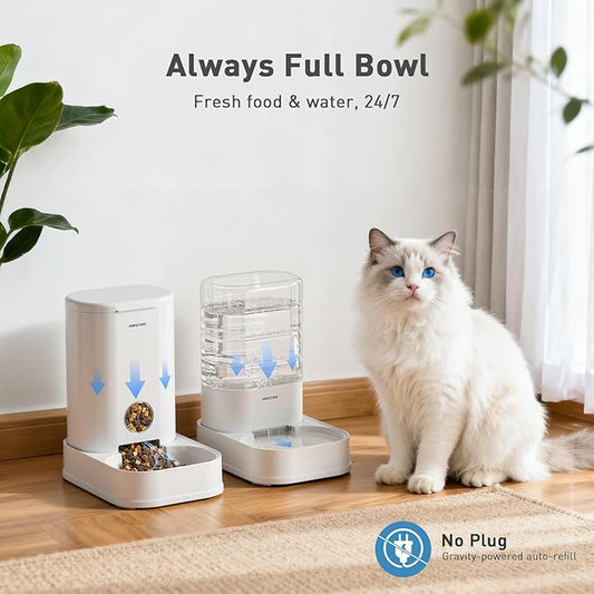 PAWGETHER® 2 Pack Gravity Cat Feeder and Water Dispenser 1 Gallon/3.5L Automatic Cat and Dog Feeder and Watererer with Pet Food Bowl for Puppy Kitten Rabbits