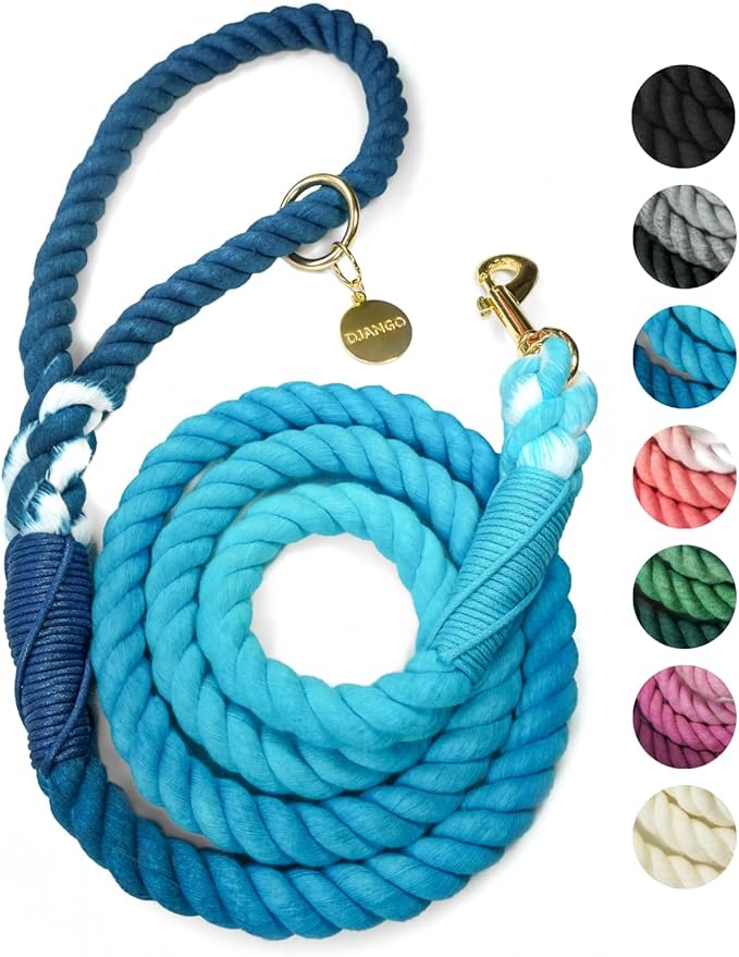DJANGO Cotton Rope Dog Leash 5ft – Handcrafted Dog Leash and Blue Ombre Braided Leash for Small, Medium, Large Dogs – Durable 5 Foot Training Lead with Gold Hardware and Whipped Ends – Pacific Blue