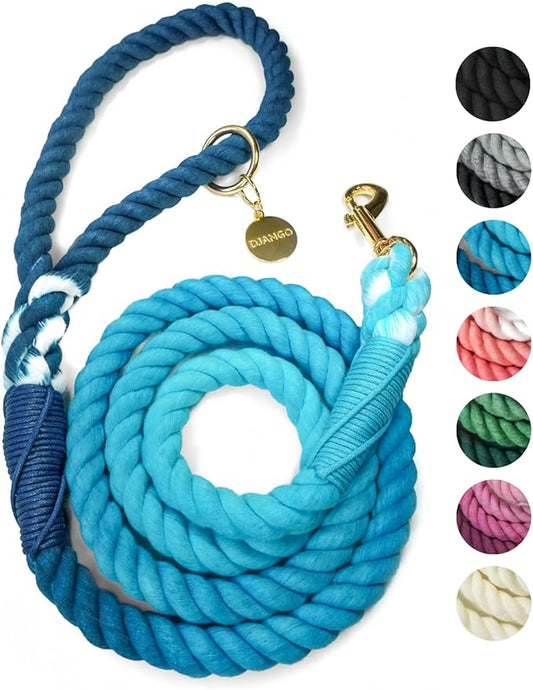 DJANGO Cotton Rope Dog Leash 5ft – Handcrafted Dog Leash and Blue Ombre Braided Leash for Small, Medium, Large Dogs – Durable 5 Foot Training Lead with Gold Hardware and Whipped Ends – Pacific Blue