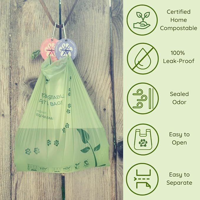 Pawtopia Pet Waste Bag Duo - 240 Standard Sized-Dog Poop Bags (16 rolls) + 100 Extra Large Cat Litter Bag with Handles (1 big roll), Vegetable Starches, Tuv Austria, Leak-Proof, Yard Pickup