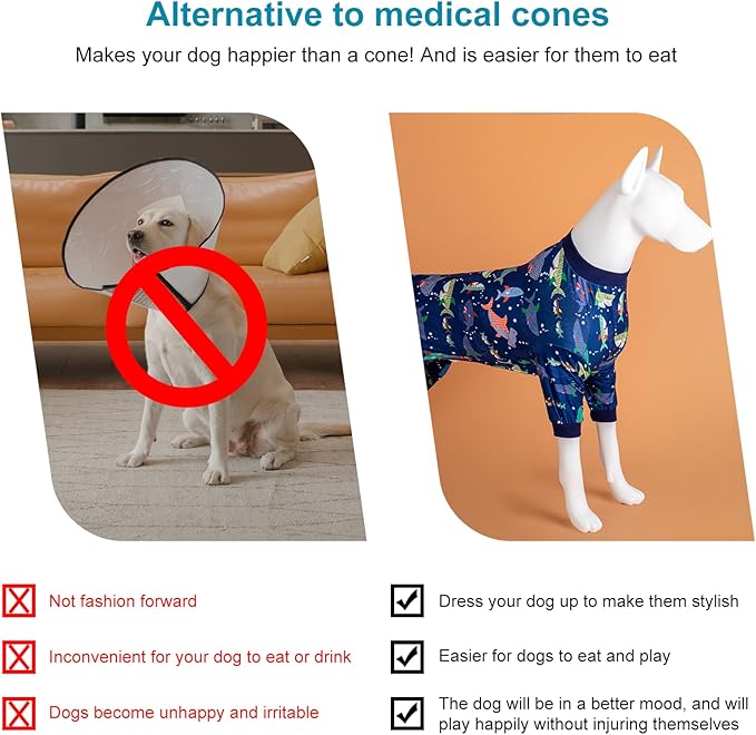 LovinPet Dog Sweatshirt, PjS for Surgery Recovery, Ocean Blue Shark Print, Large Dog Pjs, Lightweight Uv Protection Shirt,Easy to Wear Dog Jumpsuit, Medium