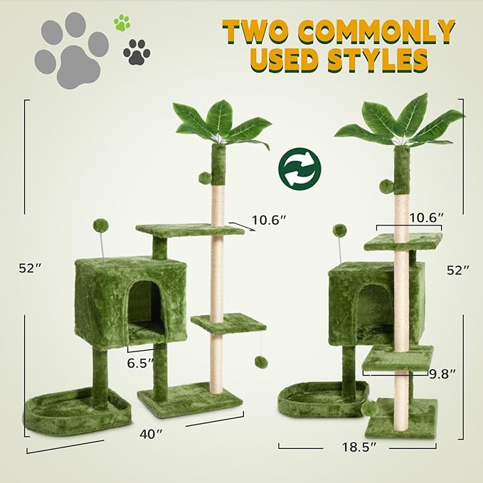 52" Cat Tree Cat Tower for Indoor Cats with Green Leaves, Multi-Level Cozy Plush Cat Condo Cat House Scratching Posts for All Breeds Sizes