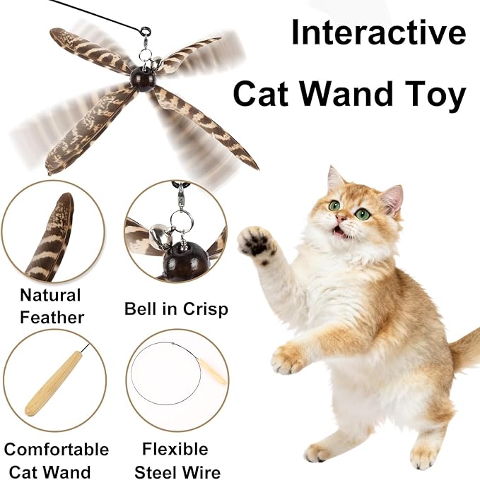 ottmat Cat Wand Toys Interactive for Indoor Cats, 4PC 4-Blade Feather Propeller Refills, 1PC Cat Wand 30'' Flexible Steel Wire Cat Teaser with Sturdy Wood Handle for Kittens & Adult Cats(Wild)