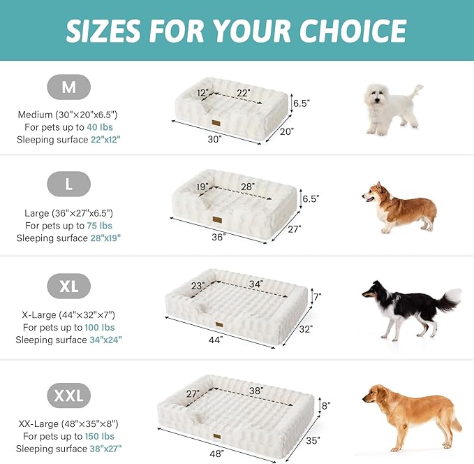 Orthopedic Dog Bed for Large Medium Size Dog, Faux Fur Pet Sofa, Foam Bolster Couch with Waterproof Lining Cover, Anti-Slip, Soft, Warm, Washable, C-Shaped, L 36x27x6.5 inch, Beige
