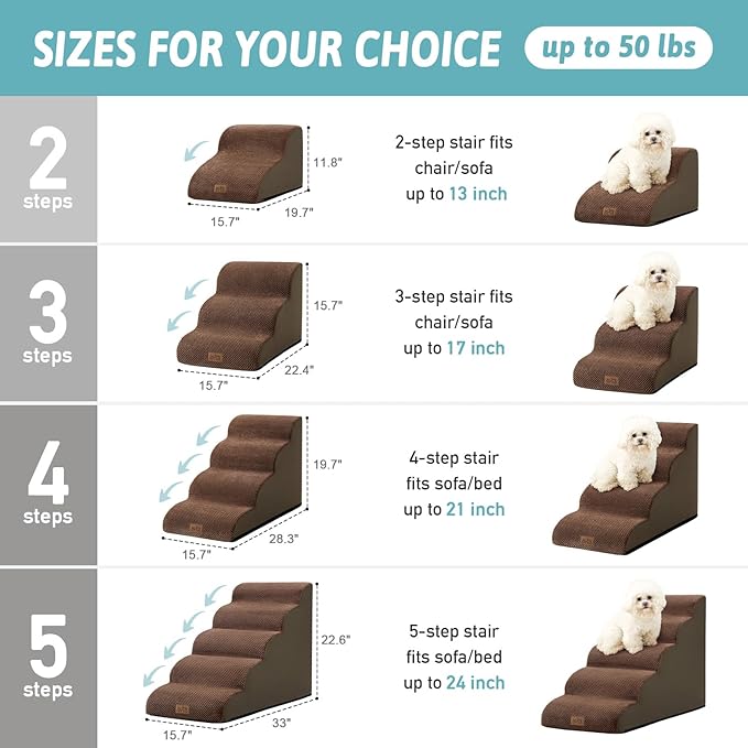 Dog Stairs for Small Dogs 19.7" H, Curved Dog Step for Puppy, Older or Cat, Medium Pet Ramp for Sofa, Couch or Bed, Ladder with High Density Foam, 4 Step, 15.7x28.3x19.7 inch, Brown