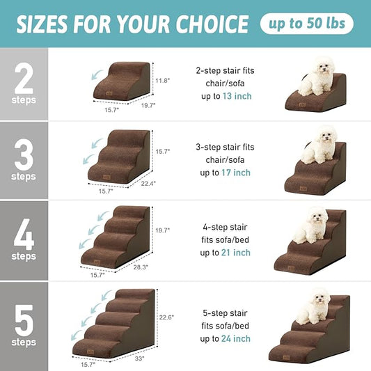 Dog Stairs for Small Dogs 19.7" H, Curved Dog Step for Puppy, Older or Cat, Medium Pet Ramp for Sofa, Couch or Bed, Ladder with High Density Foam, 4 Step, 15.7x28.3x19.7 inch, Brown