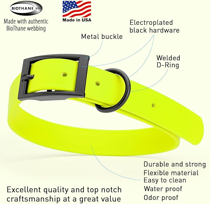 Dogline Biothane Coated Webbing Dog Collar with Black Metal Hardware: Durable Easy-Clean Everyday Collar for Dogs - Comfortable Adjustable Odor-Resistant Pet Collar, W1 x L22-25", Safety Yellow