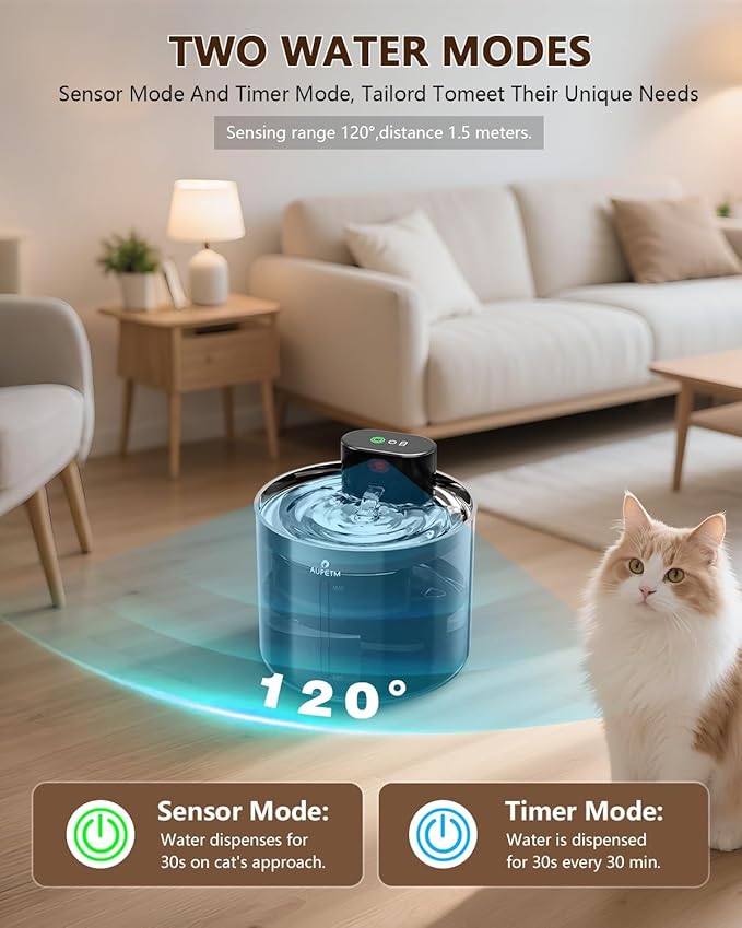 Cat Water Fountain Wireless Pet Fountain with Stainless Steel Tray, 45+ Day Battery, Motion Sensor & Timer, Cat/Dog Water Bowl Dispenser, Ultra Quiet 6-Stage Filtration (Round)