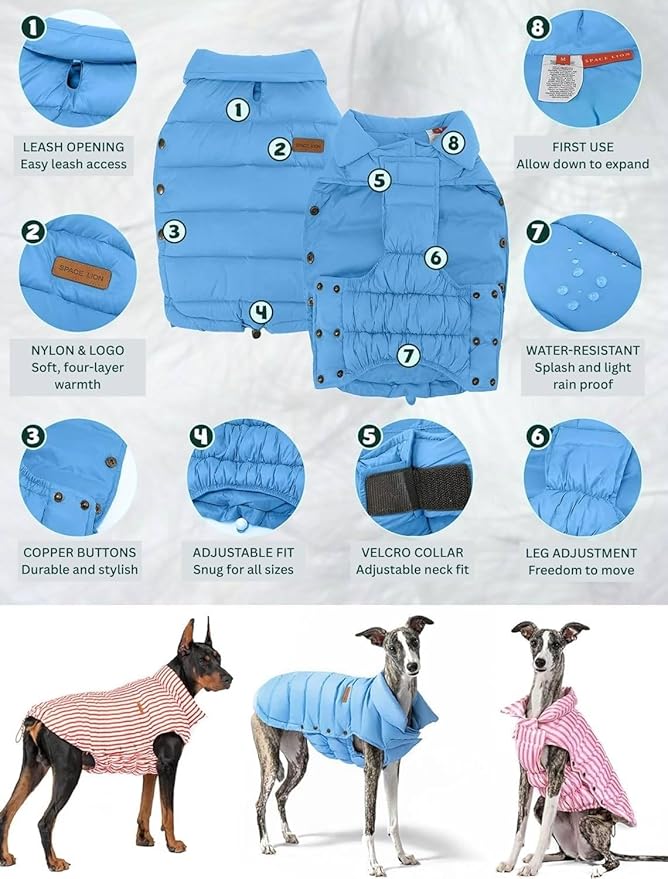 SPACE LION Dog Puffer Jacket, Down Winter Coat, Durable Outdoor Coat for Cold and Windy Conditions, Lightweight & Adjustable Fit Coats for Medium Dogs, (Blue, Size14/L)