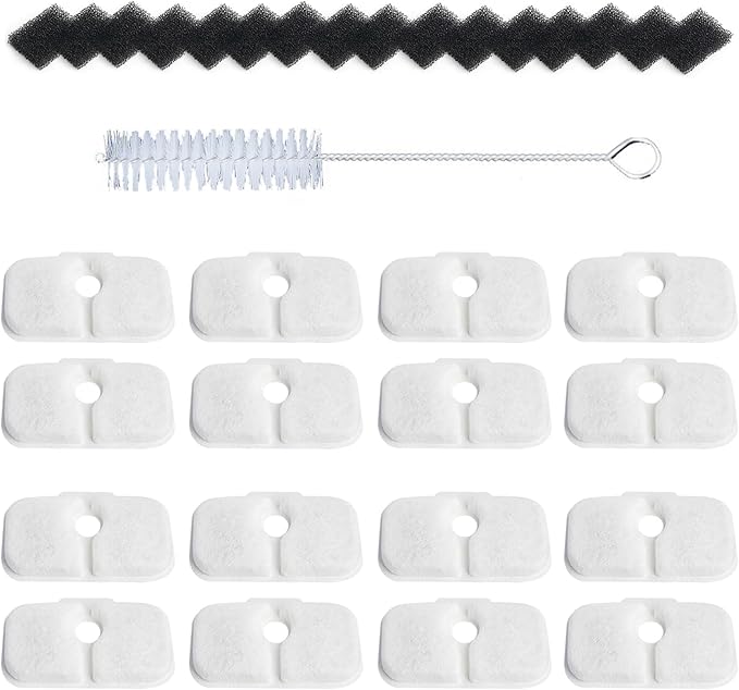 16 Pack Fountain Replacement Filters & 16 Pack Pre-Filter Sponges and a Cleaning Brush for PETLIBRO® Dockstream Cat Water Fountain PLWF005, PLWF105, PLWF115.