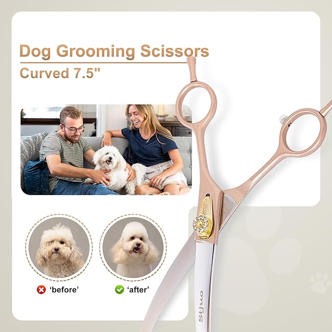 Professional Dog Grooming Scissors Rose Gold 440C Stainless Steel Straight Thinning Curved Chunker Shears for Pet Grooming Services Dogs and Cats (Curved, 7.5‘’)