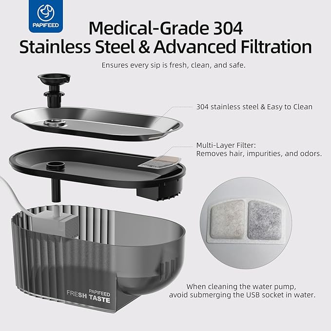 PAPIFEED Cat Water Fountain+ Stainless Steel Tray + 1 Silicone Mat+5 Filters+2 Sponges, 84 oz/2.5L Automatic Pet Drinking Fountain, Ultra Quiet Pet Fountain with Stainless Steel Tray, Easy to Clean