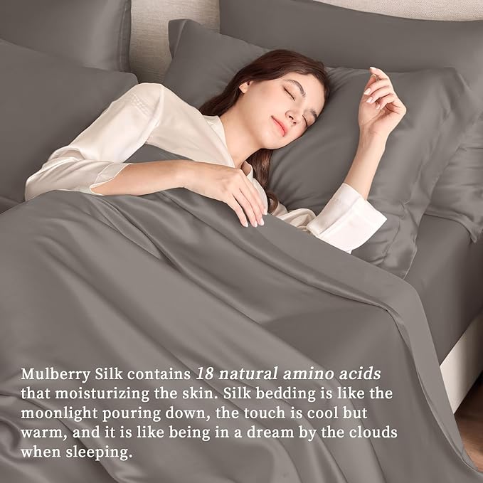 THXSILK Silk Sheet Set 4Pcs, 6A+ Top 100% Natural Mulberry Silk Bed Sheets, Breathable Cooling Luxury Bedding Sets Ultra Soft Durable, 1 Fitted Sheet, 1 Flat Sheet and 2 Pillow Shams (King, Charcoal)