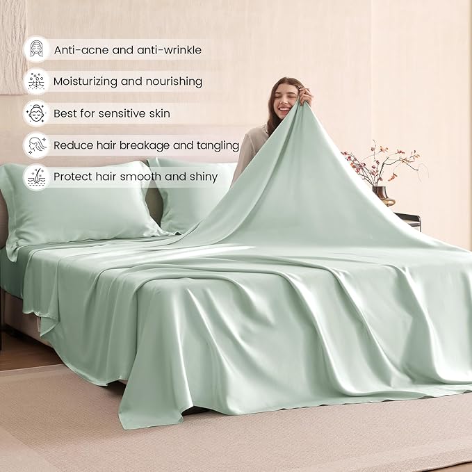 THXSILK Silk Sheet Set 4Pcs, 6A+ Top Grade 100% Natural Mulberry Silk Bed Sheets, Luxury Bedding Sets Ultra Soft Durable, 1 Fitted Sheet, 1 Flat Sheet and 2 Pillow Shams (King, Light Blue)