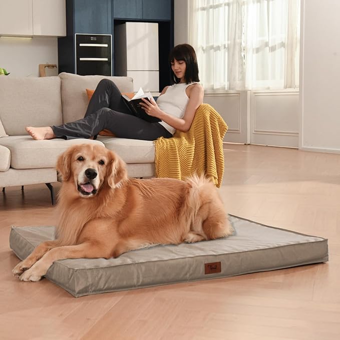 Large Outdoor All Weather Dog Bed, Waterproof Pet Bed for Large Dogs, Orthopedic Egg Crate Foam with Washable Removable Oxford Cooling Cover, 36x27 Inch, Khaki