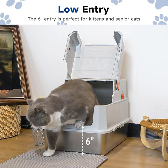 TENTIZON Stainless Steel Cat Litter Box with Lid, XL Large Covered Kitty Litterbox with Flip Top, High Side, Litter Mat, Scoop for Big Cats, Kitten, Multi-Cats Home, No Smell, No Mess, Easy Clean