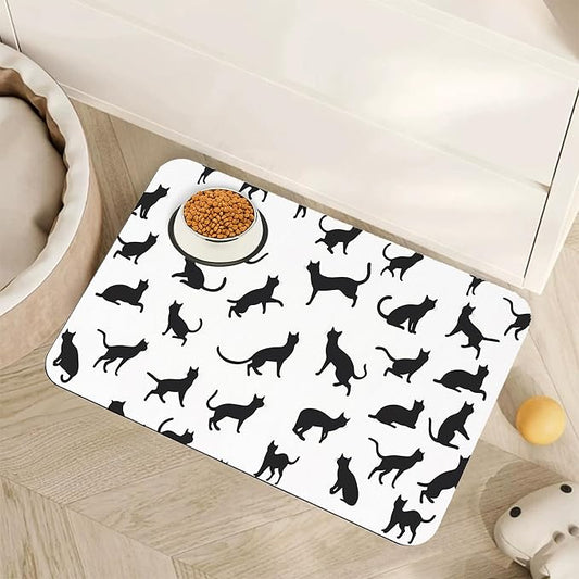 Funny Black Cat Dog Food Mat,Absorbent Pet Feeding Mat with Rubber Backing,Non-Slip Water Bowl Placemat,Indoor Pet Accessories Supplies 16"x24"