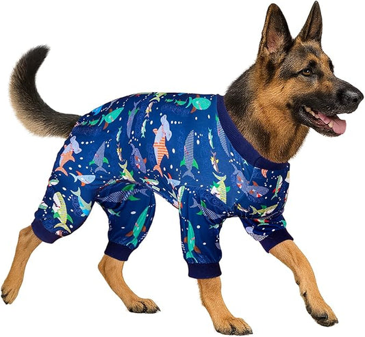 LovinPet Dog Sweatshirt, PjS for Surgery Recovery, Ocean Blue Shark Print, Large Dog Pjs, Lightweight Uv Protection Shirt,Easy to Wear Dog Jumpsuit, Medium