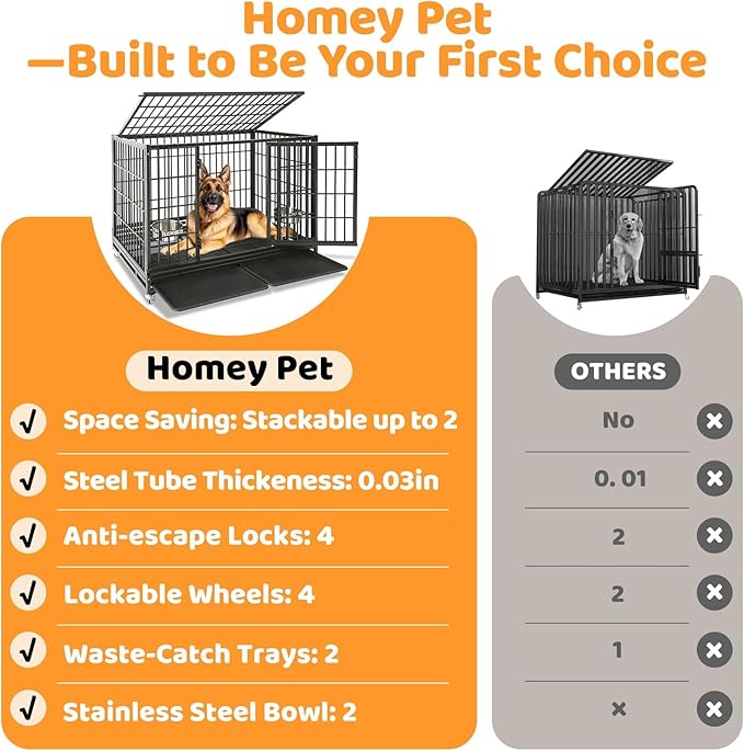 Homey Pet 48 Inch Heavy Duty Indestructible Dog Crate, Stackable Escape Proof Dog Cage Kennel Indoor with Two Trays, Metal Grids, Wheels, Bowls, Double Doors for High Anxiety Large Dogs(2 Tiers)