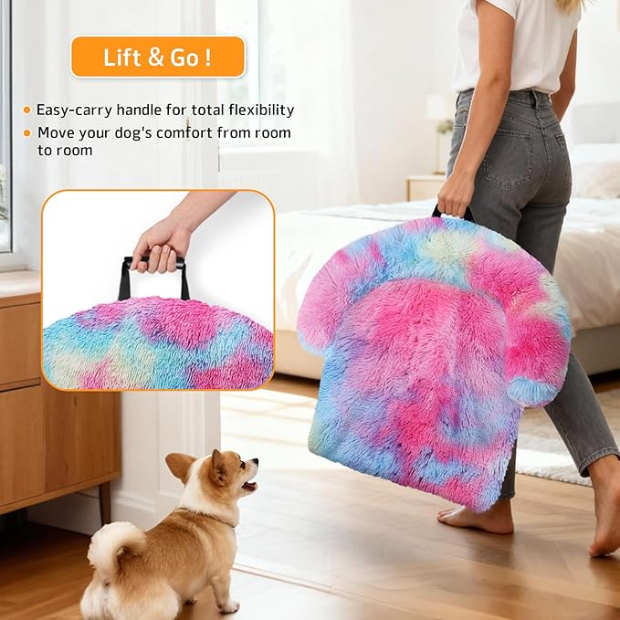 GGIB Calming Dog Bed Fluffy Plush Dog Mat for Furniture Protector with Removable Washable Cover for Large Medium Small Dogs and Cats (Medium, Rainbow)