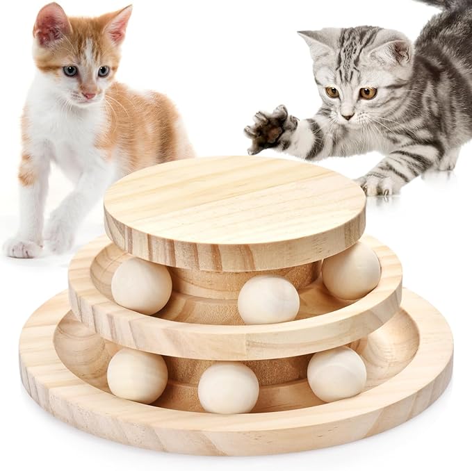SMICEM Cat Ball Track Toy, Double-Layer Tower cat Toy Roller, Interactive Wooden cat Toy - no Card Ball, Anti Slip, no Assembly Required, Ideal Choice for Physical and Mental Exercise of Kittens