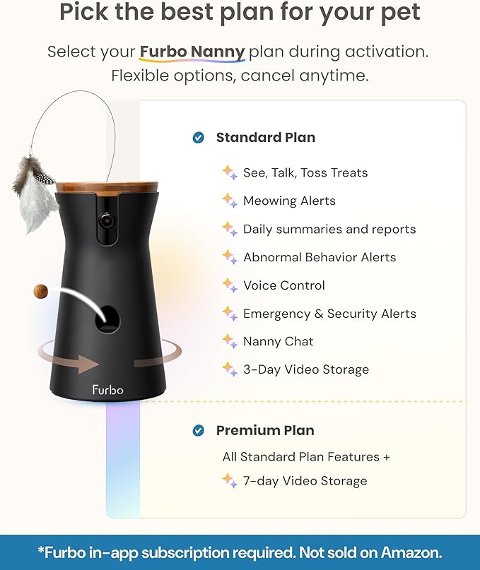 Furbo 360° Cat Camera - Unlock Camera & Smart Features w/Paid Plan: Home Security & Pet Safety Alerts, Rotating Treat Dispenser w/Speaker, Smart Cam w/Phone App (Subscription Required, 3mo Minimum)