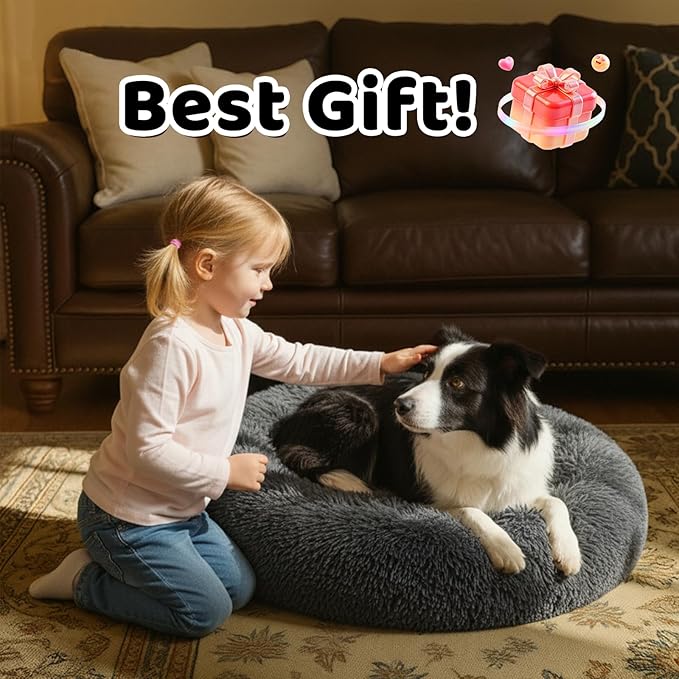 Donut Pet Bed for Medium Size Dog, Round Calming Soft Cat Cuddler,Anti Anxiety Cozy Soft Sofa,Fluffy Faux Fur Plush Cushion-31''-Dark Grey