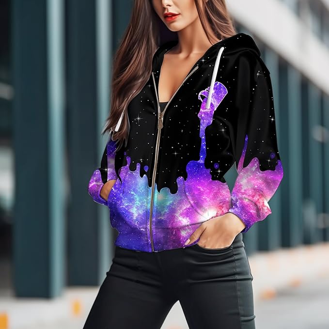 Women's Zip Front Plaid Sweatshirts Print Hoodie Fall Jackets Long Sleeve Casual Drawstring Clothes