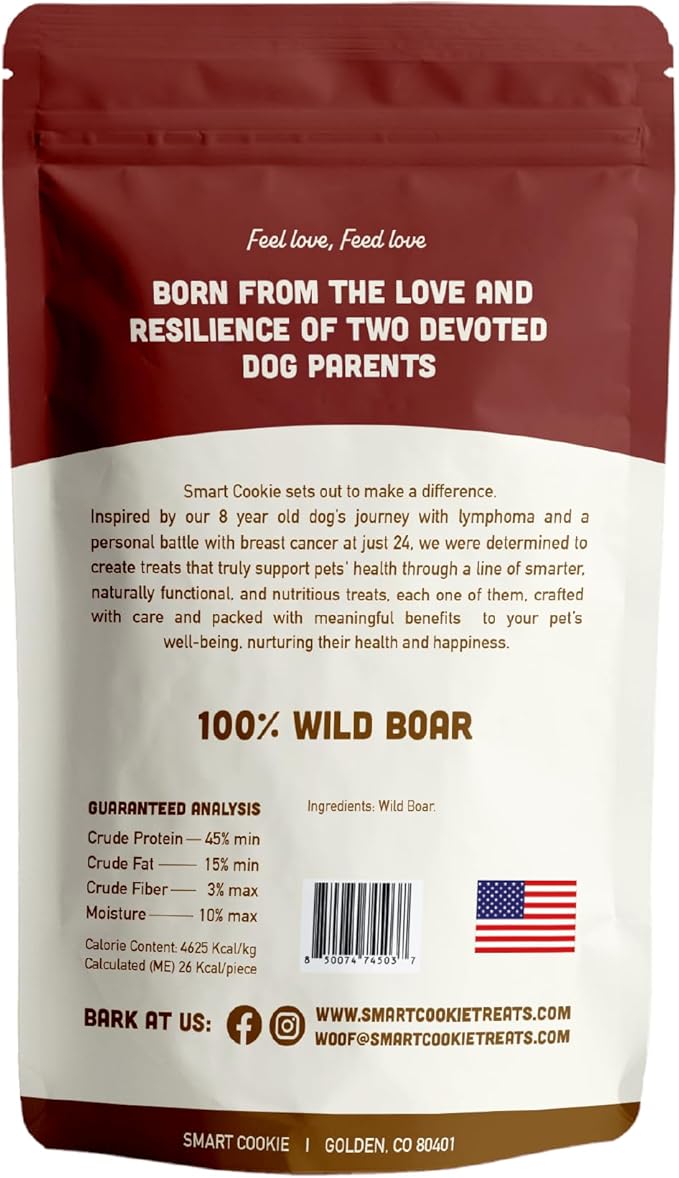 Smart Cookie 100% Wild Boar Jerky Dog Treats - Single Ingredient Hypoallergenic Training Treat Strips for Dogs and Puppies with Sensitive Stomachs - 100% Boar Meat, Grain Free, Made in USA - 3oz