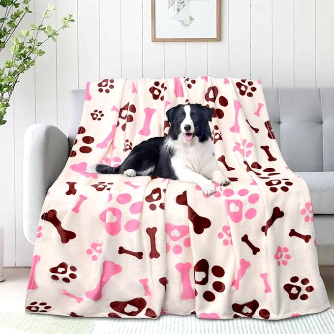 Rezutan Dog Blankets for Large Dogs, Medium Dog Blanket Soft Fluffy Premium Fleece Flannel Throw for Pet Puppy Cat Paw Blanket, Pink White, 50x60 inch