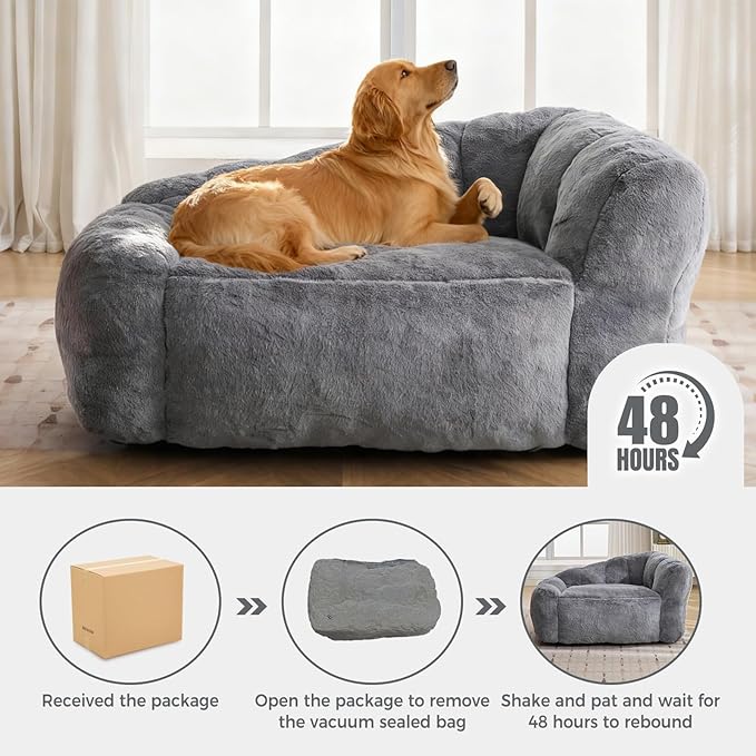 Dog Sofa Couch for Extra Large Medium Dogs, 51” Memory Foam Pets Sofa with Faux Fur Fabric Grey