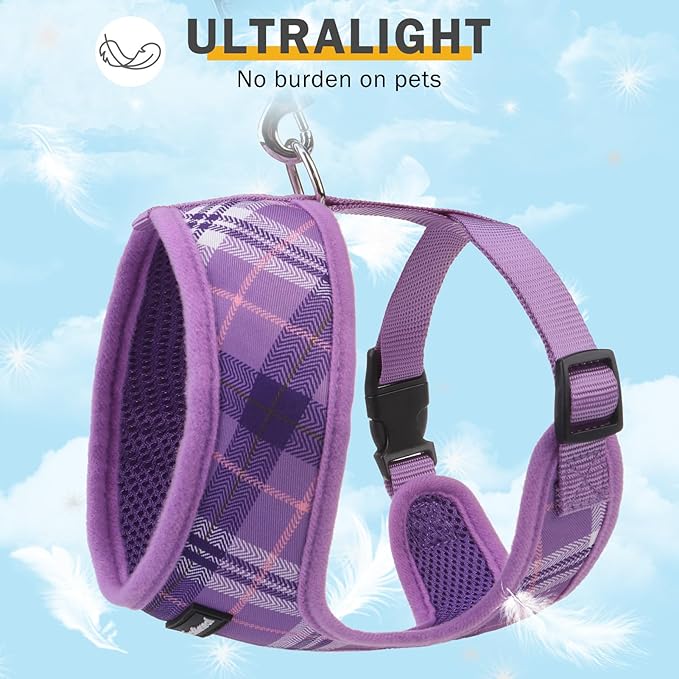 SCENEREAL No Pull Dog Harness Collar and Leash Set Small Medium Sized Dog, Soft Mesh Step in Puppy Harnesses, No Chock Plaid Adjustable Pet Vest for Outdoor Walking Training and Running, Purple M