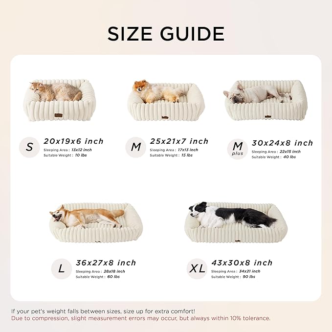 Bedsure Cute Dog Bed for Small Dogs & Cats - Washable Furry Cat Beds, Rectangle Orthopedic Corduroy Fleece Puppy Beds with Removable Zipper Cover, 20x19x6inches, Cream