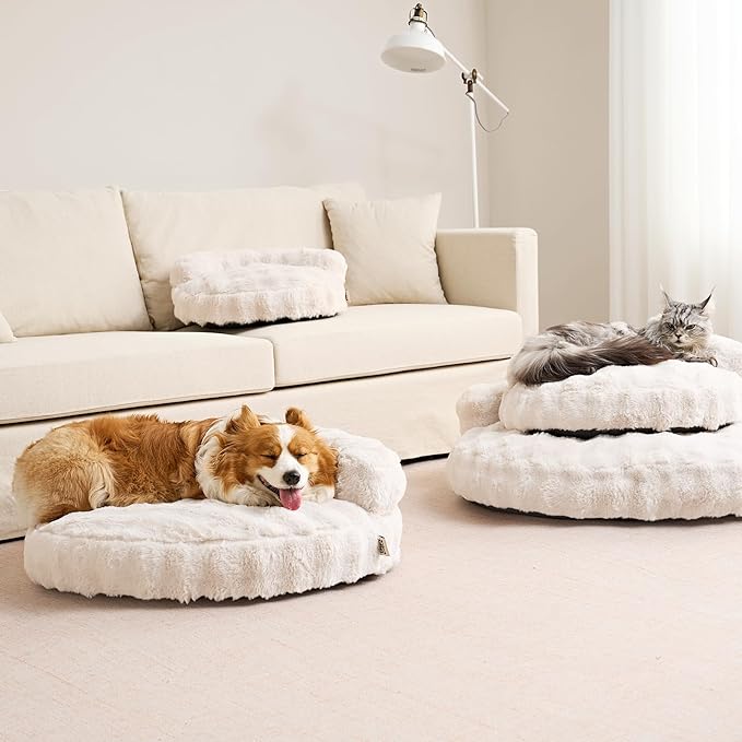 EHEYCIGA Small Dog Bed and Cat Couch for Puppy and Kitten - Fluffy Faux Rabbit Fur Pet Sofa with Washable Removable Cover, Waterproof and Non-Slip, 23 Inch Cream