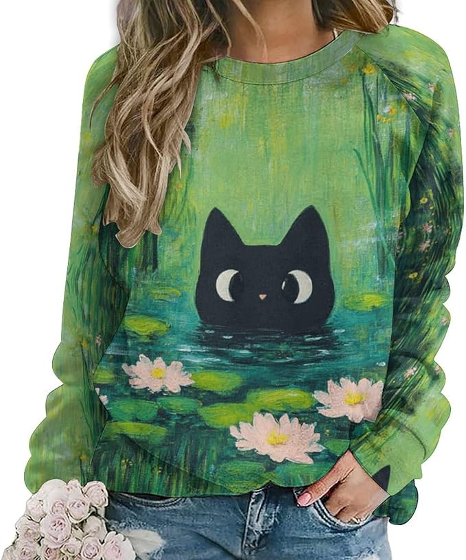 Womens novelty funny cat printed crewneck sweatshirt casual loose long sleeve graphic pullover sweatshirts tops