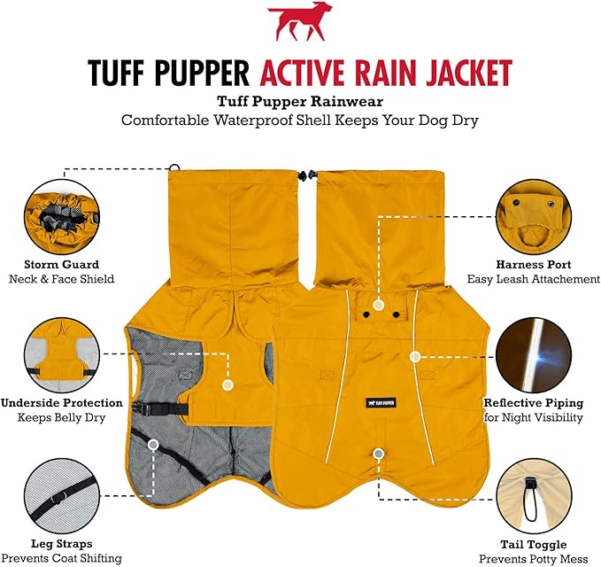 Tuff Pupper Waterproof Dog Raincoat | Full-Body Windproof Rain Jacket for Dogs | Reflective Strips | Breathable Mesh Lining | Adjustable Fit | Leash Port | Small Medium Large XL XXL Dogs (Yellow, XXL)