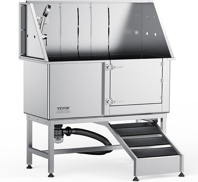 VEVOR 62" Pet Dog Bathing Station w/Ramp, Professional Stainless Steel Dog Grooming Tub w/Soap Box, Faucet,Rich Accessory,Bathtub for Large,Medium,Small Pet, Washing Sink for Home(Right)