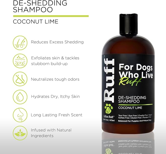Ruff by Lillian Ruff De-Shedding Shampoo & Oatmeal Conditioner | Coconut Lime & Sandalwood Coconut | Vitamin E, Omega-3, Aloe & Coconut Oil | Moisturizing, Soothing, Deodorizing | Made in USA