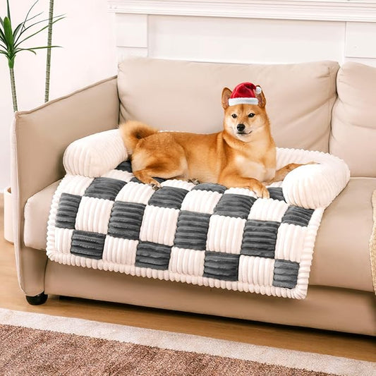 FUNNY FUZZY Pet Couch Covers for Sofa, Dog Couch Bed Washable Plush Pets Mat for Furniture Protector Cream Square Plaid Cozy Sofa Pad for Cats, Black