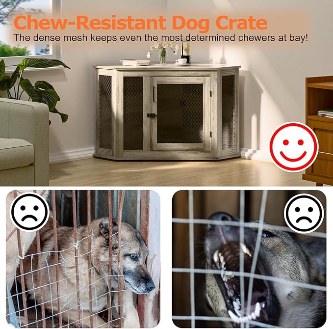 Coner Dog Crate Furniture, 44" Wooden Dog Kennel Furniture End Table with Mesh, Dog Kennel Indoor Furniture for Small Medium Dogs, Modern Decorative Wood Pet House Dog Cage Crate, Grey