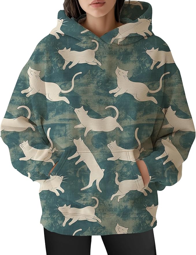 Womens Funny Cat Hoodies Oversized Graphic Hooded Sweatshirt for Women Fall Plus Size Pullover Hoodie Y2K