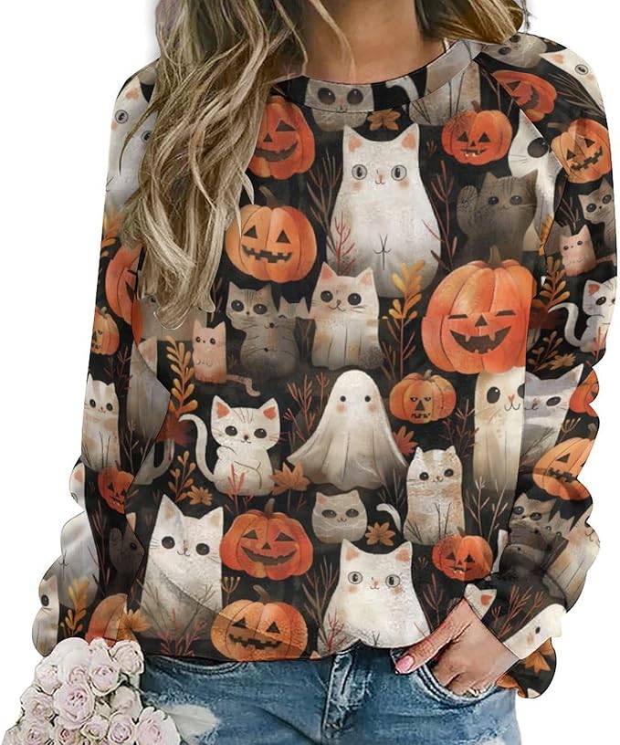 Womens novelty funny cat printed crewneck sweatshirt casual loose long sleeve graphic pullover sweatshirts tops