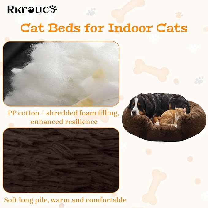 Fluffy Dog Bed Calming Donut Beds for Large Dogs Warming Round Small Medium Pet Nest Cozy Cat Mattress Indoor Washable Puppy Kennel Kittens Sleep Mat (XS, 20×20 inch, Brown)