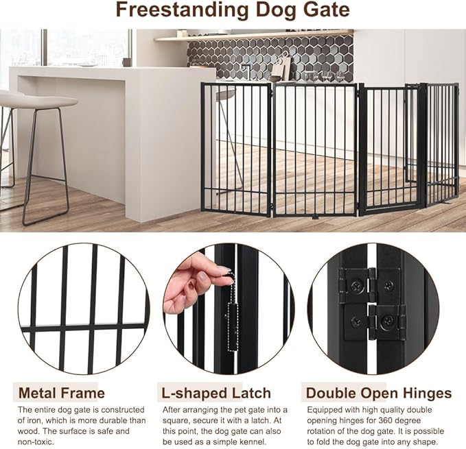 Metal Freestanding Dog Gate with Door, Extra Wide 121", 31" Height Foldable Dog Gates for Doorways, Tall Pet Fence Indoor Outdoor Pet Gates, 6 Panels Pet Barrier for Stairs Hallways, Black