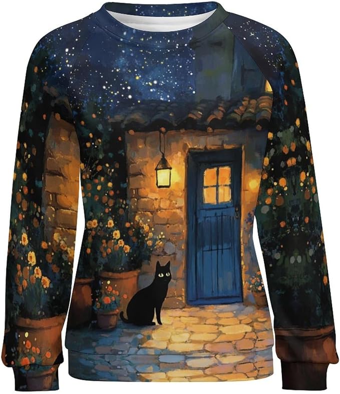 Womens novelty funny cat printed crewneck sweatshirt casual loose long sleeve graphic pullover sweatshirts tops