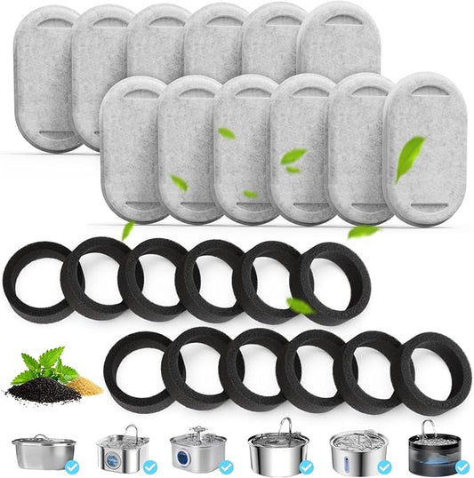 12 Packs Cat Water Fountain Filters Applicable for Stainless Steel pet Water Dispenser PLWF003/2L/67oz & PLWF006/3.2L/108oz，,Dog Water Fountain (12 Filters&12 Sponges)