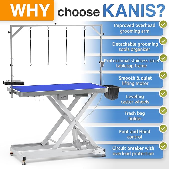 KANIS - 50" Professional Stainless Steel Dog Bathing Station, Left RAMP + 49" Professional Electric Dog Grooming Table, White