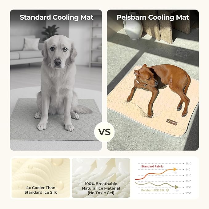 Pelsbarn Dog Cooling Mat- Ice Silk Summer Comfort, Self Cooling, Non-Slip Dog Pad, Durable & Washable, Mat for Medium Dogs 19" x 25", Support Shelter Dogs with Every Purchase (Beige)