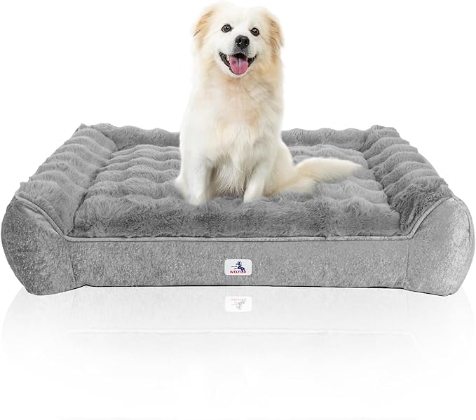 Orthopedic Dog Bed for Large Dogs - 42" Faux Fur Pet Couch with Removable Washable Cover, Nonskid Bottom, Supportive Foam, Comfortable Dog Sofa Bed for Medium Large Dogs, Gray