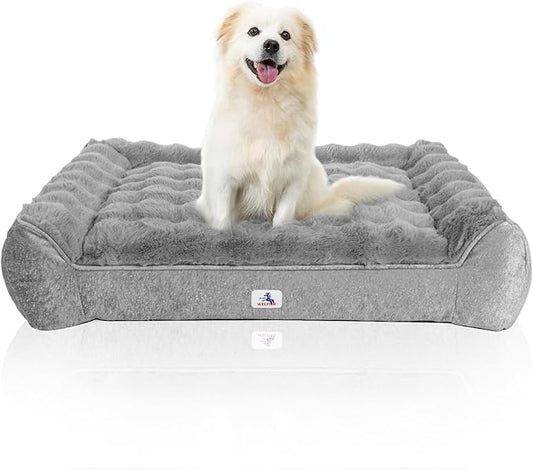 Orthopedic Dog Bed for Large Dogs - 42" Faux Fur Pet Couch with Removable Washable Cover, Nonskid Bottom, Supportive Foam, Comfortable Dog Sofa Bed for Medium Large Dogs, Gray